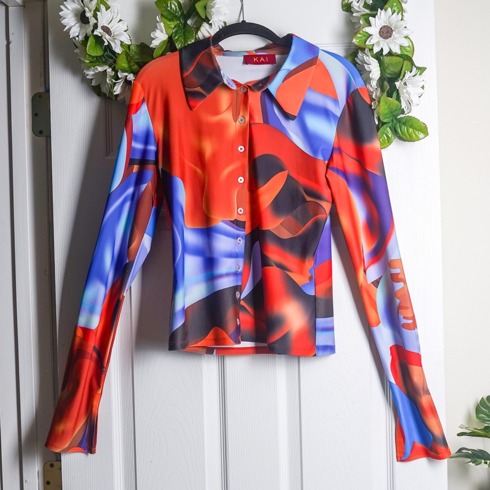 KAI Collective Button Up Long Sleeve Shirt Abstract Colorful Stretch Top size XL